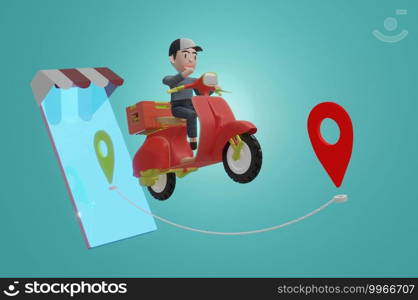 3d illustration , Delivery package by scooter on mobile phone and green background. Order package in E-commerce by app. Tracking courier by map application. Blank Screen mobile for text and graphic