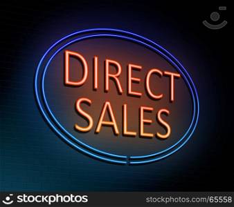 3d Illustration depicting an illuminated neon sign with a direct sales concept.