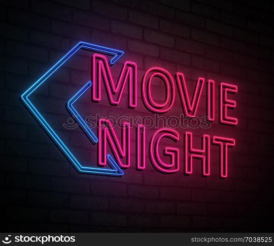 3d Illustration depicting an illuminated neon sign with a movie night concept.