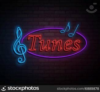3d Illustration depicting an illuminated neon sign with a tunes concept.