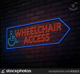 3d Illustration depicting an illuminated neon sign with a wheelchair access concept.