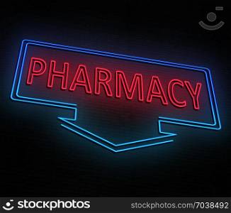 3d Illustration depicting an illuminated red and blue neon pharmacy sign.