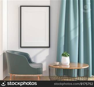3D illustration, Design∫erior Scandinavian sty≤living room with chair and furniture and mockup photo frame, l&and plants on empty wall background. 3d rendering.
