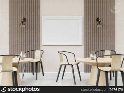 3D illustration, Design interior Scandinavian style dining room with chair and table, mockup photo frame, l&and plants on wooden wall background. 3d rendering.