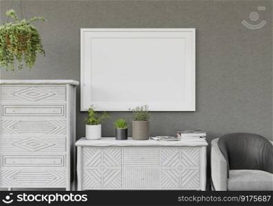 3D illustration, Design interior Scandinavian style living room with armchair and mockup photo frame hanging on the wall over cabinet, plants on empty wall background. 3d rendering.