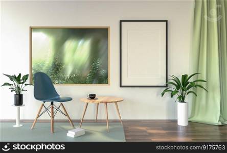 3D illustration, Design interior Scandinavian style living room with chair and furniture and mockup photo frame near glass window and plants on empty wall background. 3d rendering.