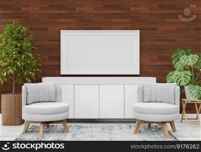 3D illustration, Design interior Scandinavian style living room with chair and furniture and mockup photo frame, l&and plants on empty wall background. 3d rendering.
