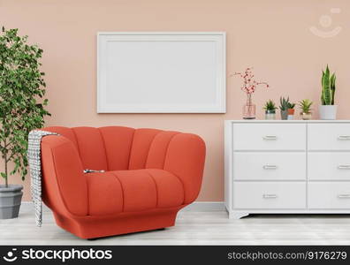 3D illustration, Design interior Scandinavian style living room with chair and furniture and mockup photo frame, l&and plants on empty wall background. 3d rendering.