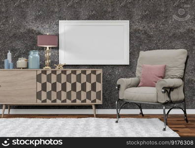 3D illustration, Design interior Scandinavian style living room with chair and furniture and mockup photo frame, lamp and plants on empty wall background. 3d rendering.