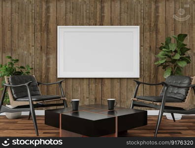 3D illustration, Design interior Scandinavian style living room with chair and furniture and mockup photo frame, lamp and plants on empty wall background. 3d rendering.