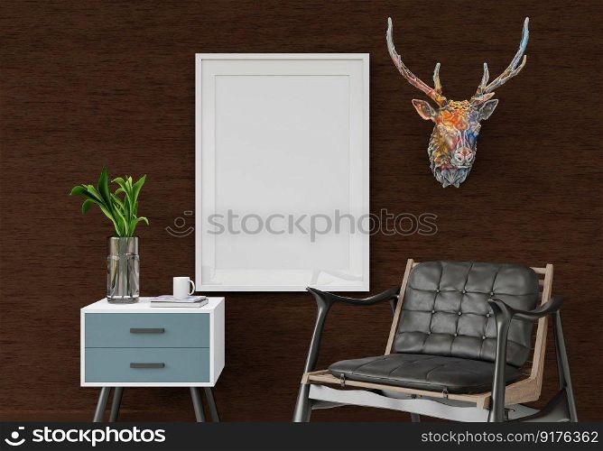 3D illustration, Design interior Scandinavian style living room with chair and furniture and mockup photo frame, l&and plants on empty wall background. 3d rendering.