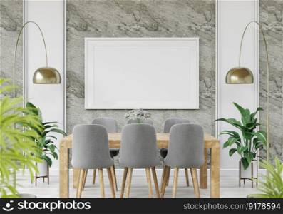 3D illustration, Design interior Scandinavian style living room with chair and furniture and mockup photo frame, lamp and plants on empty wall background. 3d rendering.