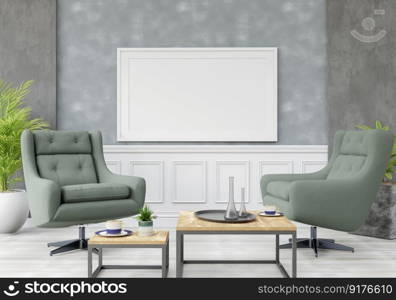 3D illustration, Design interior Scandinavian style living room with chair and furniture and mockup photo frame, l&and plants on empty wall background. 3d rendering.