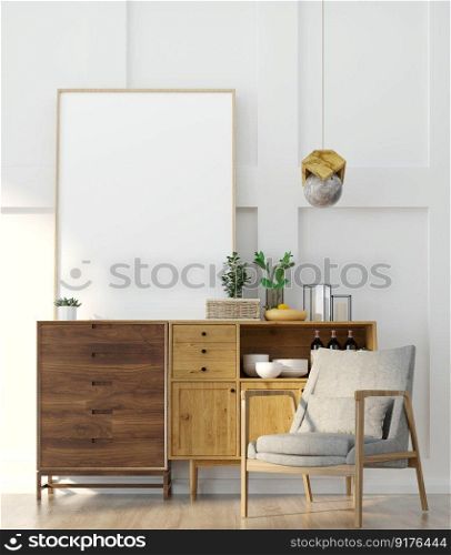 3D illustration, Design interior Scandinavian style living room with chair and wooden furniture and mockup photo frame, l&and plants on empty wall background. 3d rendering.