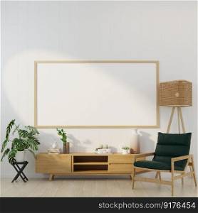 3D illustration, Design interior Scandinavian style living room with comfortable chair and cabinet and mockup photo frame, lamp and plants on empty wall background. 3d rendering.