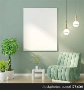 3D illustration, Design interior Scandinavian style living room with comfortable sofa near door, mockup photo frame, tall l&and plants on pastel color wall background. 3d rendering.