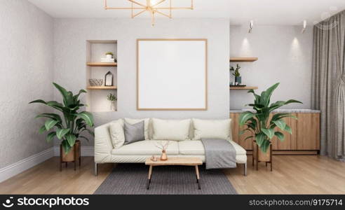 3D illustration, Design interior Scandinavian style living room with, modern furniture and mockup photo frame on wall with shelf over sofa, ceiling lamp and plants in pot on empty floor, 3d rendering.