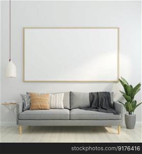 3D illustration, Design interior Scandinavian style living room with sofa and furniture and mockup photo frame, lamp and plants on empty wall background. 3d rendering.