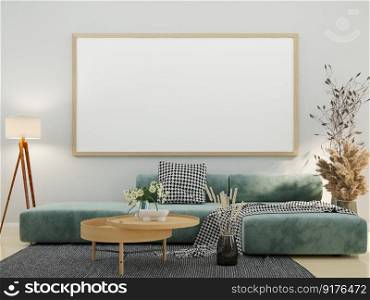 3D illustration, Design interior Scandinavian style living room with sofa and furniture and mockup photo frame, l&and plants on empty wall background. 3d rendering.
