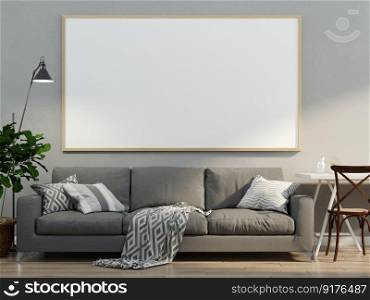 3D illustration, Design interior Scandinavian style living room with sofa and furniture and mockup photo frame, l&and plants on empty wall background. 3d rendering.