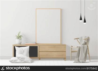 3D illustration, Design interior Scandinavian style livingroom with chair and furniture and mockup photo frame, lamp and plants on empty wall background. 3d rendering.
