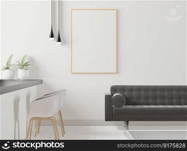 3D illustration, Design interior Scandinavian style livingroom with sofa and counter with chairs and mockup photo frame, ceiling lamp and plants on empty wall background. 3d rendering.