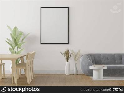 3D illustration, Design interior Scandinavian style livingroom with sofa and wooden table with chairs and mockup photo frame on empty wall background. 3d rendering.