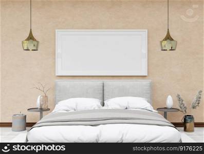 3D illustration Design modern∫erior bedroom with mockupπcture frame on the wall and cosy furniture, Scandinavian sty≤, 3D rendering