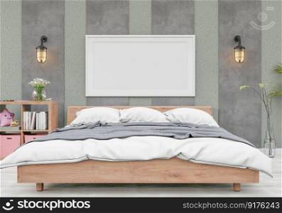 3D illustration Design modern∫erior bedroom with mockupπcture frame on the wall and cosy furniture, Scandinavian sty≤, 3D rendering