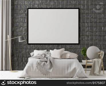 3D illustration Design modern interior bedroom with mockup picture frame on brick wall and cosy furniture, Scandinavian style, 3D rendering