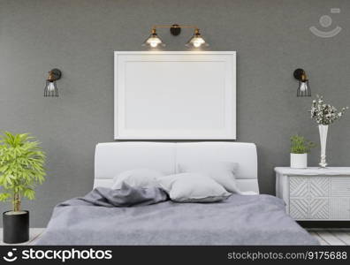 3D illustration Design modern interior bedroom with mockup picture frame on the wall and cosy furniture, Scandinavian style, 3D rendering