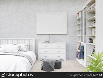 3D illustration Design modern interior bedroom with mockup picture frame on the wall and cosy furniture, Scandinavian style, 3D rendering