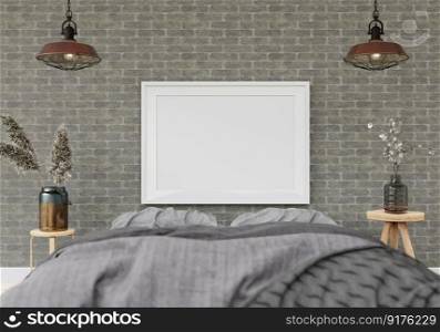 3D illustration Design modern interior bedroom with mockup picture frame on the wall and cosy furniture, Scandinavian style, 3D rendering
