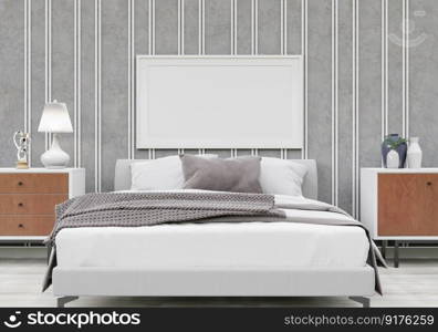 3D illustration Design modern interior bedroom with mockup picture frame on the wall and cosy furniture, Scandinavian style, 3D rendering