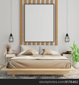 3D illustration Design modern interior bedroom with mockup picture frame on the wall over bed with bedding and cosy furniture, Scandinavian style, 3D rendering