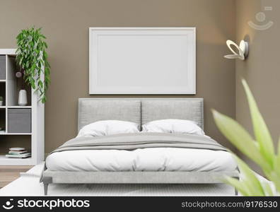 3D illustration Design modern interior bedroom with mockup picture frame on the wall and cosy furniture, Scandinavian style, 3D rendering