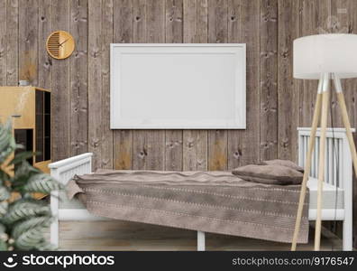 3D illustration Design modern interior bedroom with mockup picture frame on the wall and cosy furniture, Scandinavian style, 3D rendering