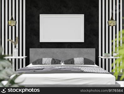 3D illustration Design modern interior bedroom with mockup picture frame on the wall and cosy furniture, Scandinavian style, 3D rendering