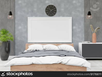 3D illustration Design modern interior bedroom with mockup picture frame on the wall and cosy furniture, Scandinavian style, 3D rendering