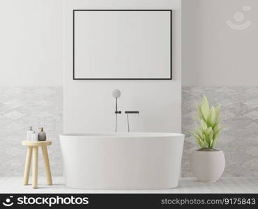 3D illustration, Design with bathroom interior with beautiful walls, a tub standing near it, a poster frame mockup hanging above it and a shower with wall. 3d rendering