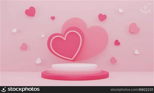 3d Illustration design with pink heart background with display stand for Valentine’s day
