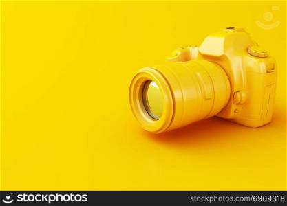 3D illustration. Digital yellow photo camera on yellow background.