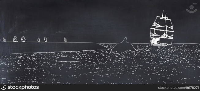 3d illustration dolphin, boat and penguins painted on a blackboard