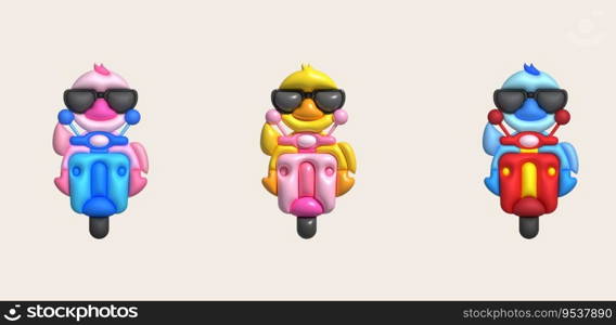 3D illustration duck wearing dark glasses driving a motorcycle. minimal style.