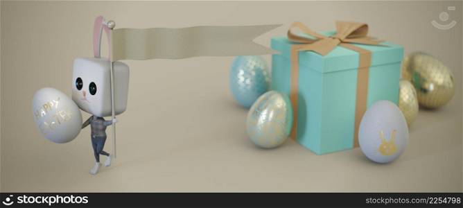3d illustration. Easter bunny Rabbit holding flag . Easter concept. copy space for text . Web banner format