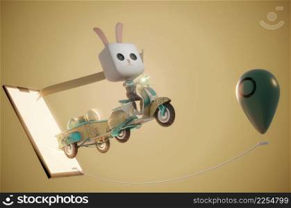 3d illustration. Easter bunny Rabbit riding a scooter . Concept Easter delivery concept.