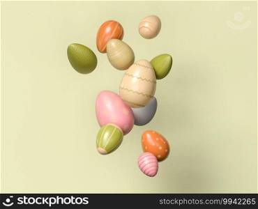 3D Illustration. Easter eggs with different colors and patterns on isolated background. Happy Easter concept.