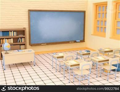 3D Illustration. Empty school classroom. Education and back to school concept.