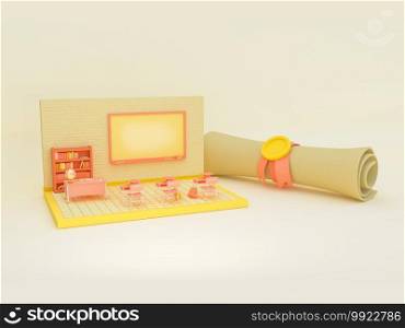 3D Illustration. Empty school classroom with a diploma.  Education and back to school concept.