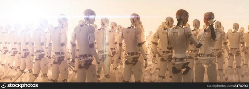 3d illustration, female robots chatting while a crowd of robots parade